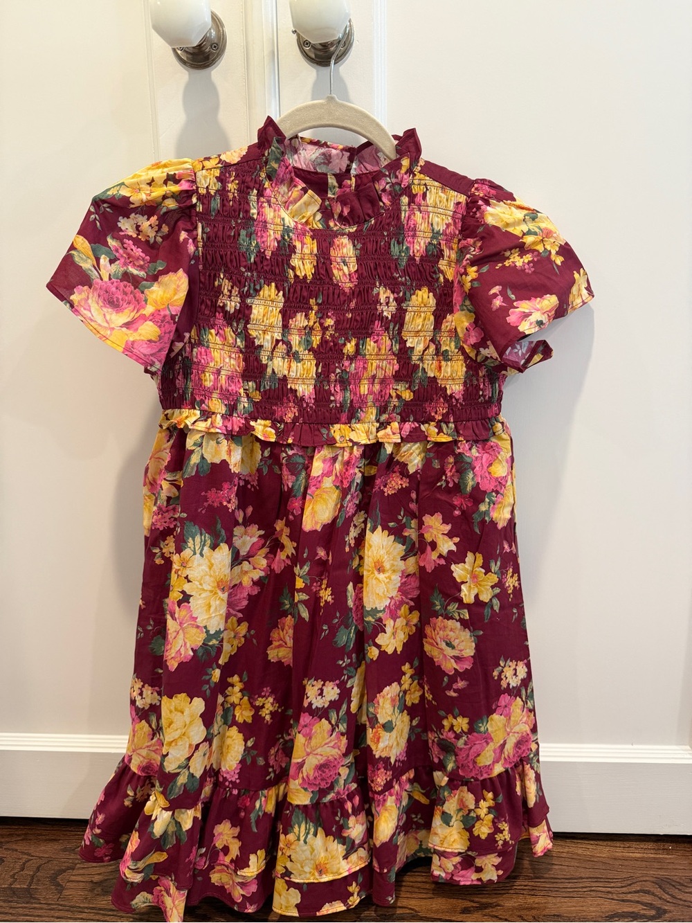 Janie and Jack Girls Burgundy Floral Smocked Dress Sz 12 NWT